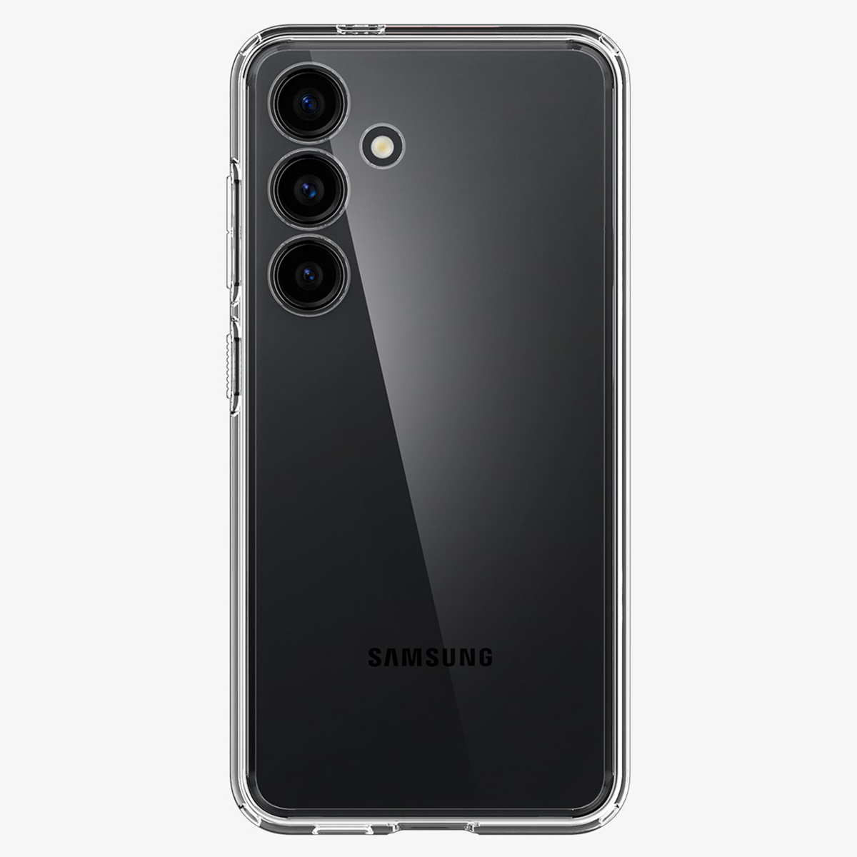 Custodia trasparente. Tre obiettivi della fotocamera visibili. Telefono nero all'interno. Pulsanti laterali. Logo Samsung.