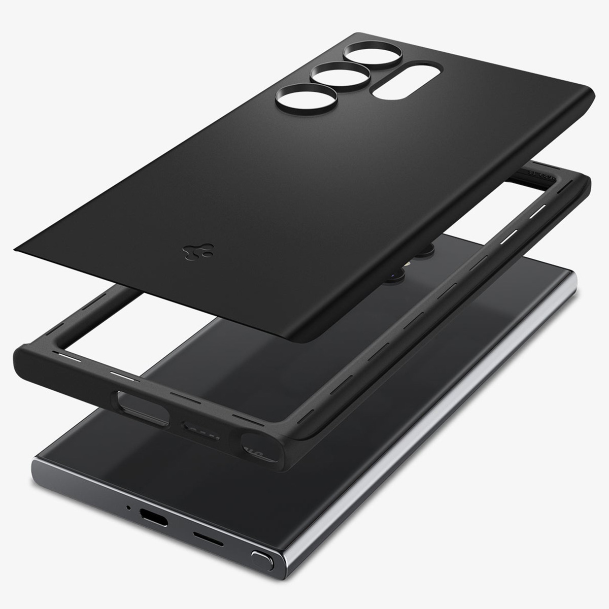 Een telefoonhoesje met drie lagen wordt weergegeven, met het ontwerp van de telefoon.