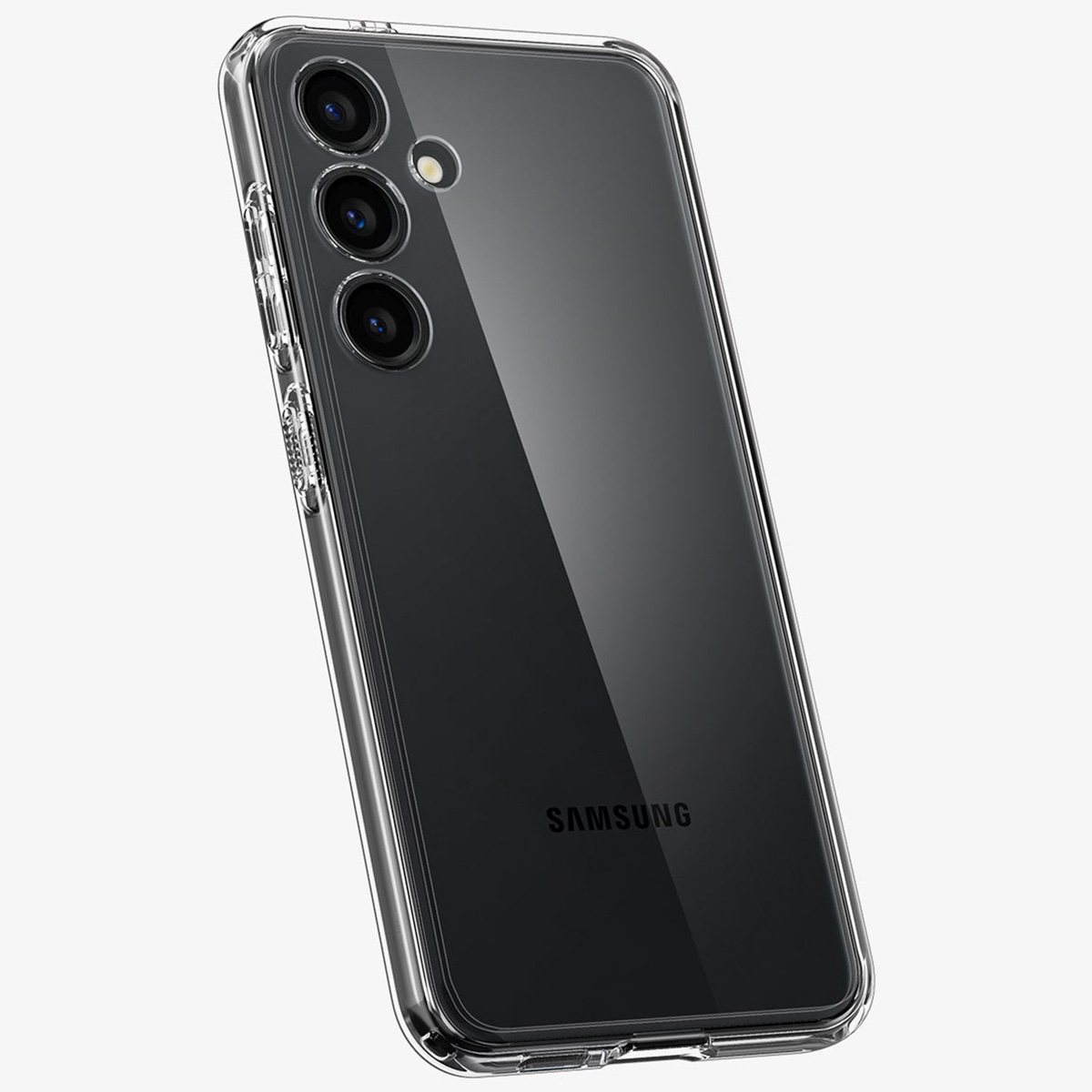 Custodia trasparente per telefono con tre fotocamere e flash.