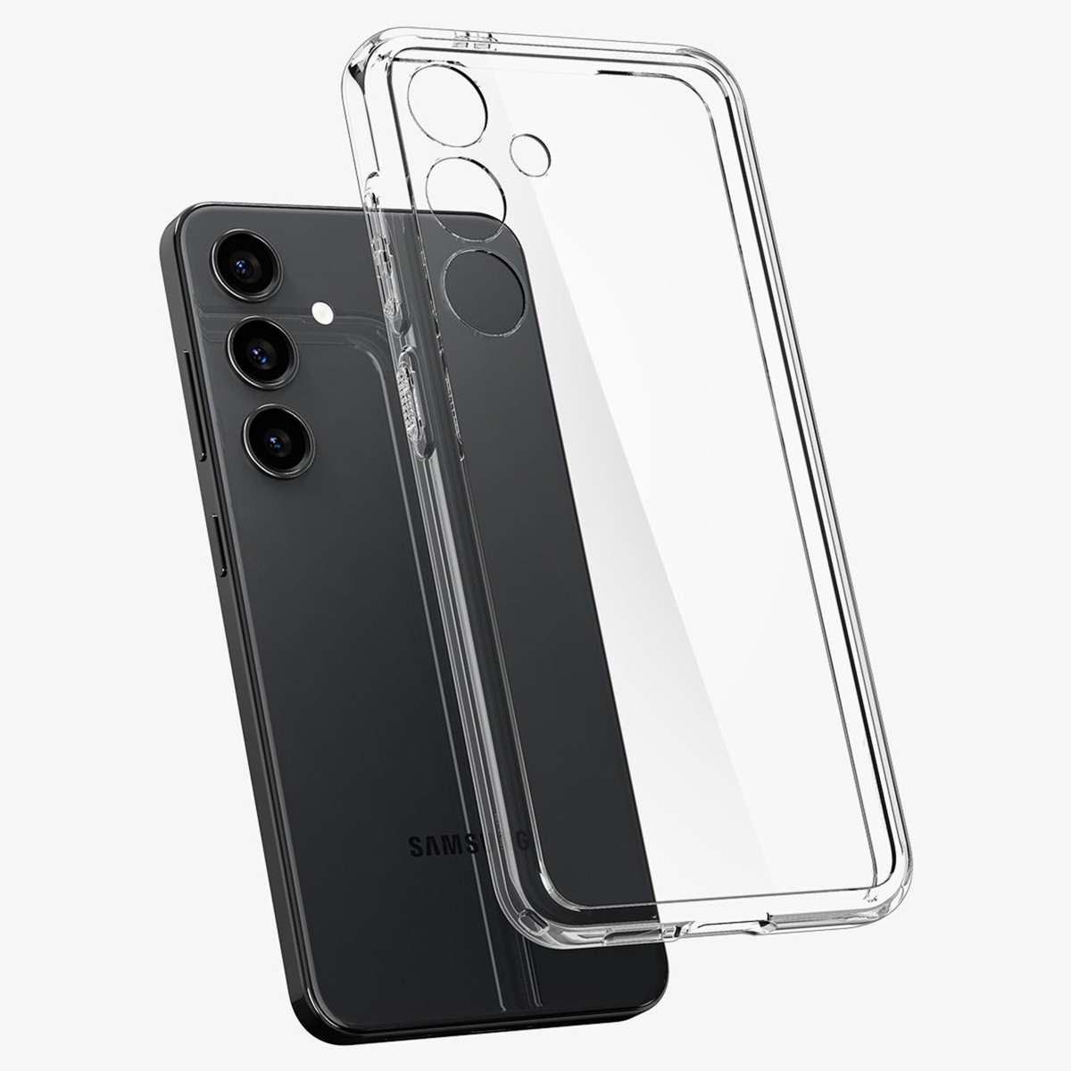 Uno smartphone nero giace accanto a una custodia trasparente.