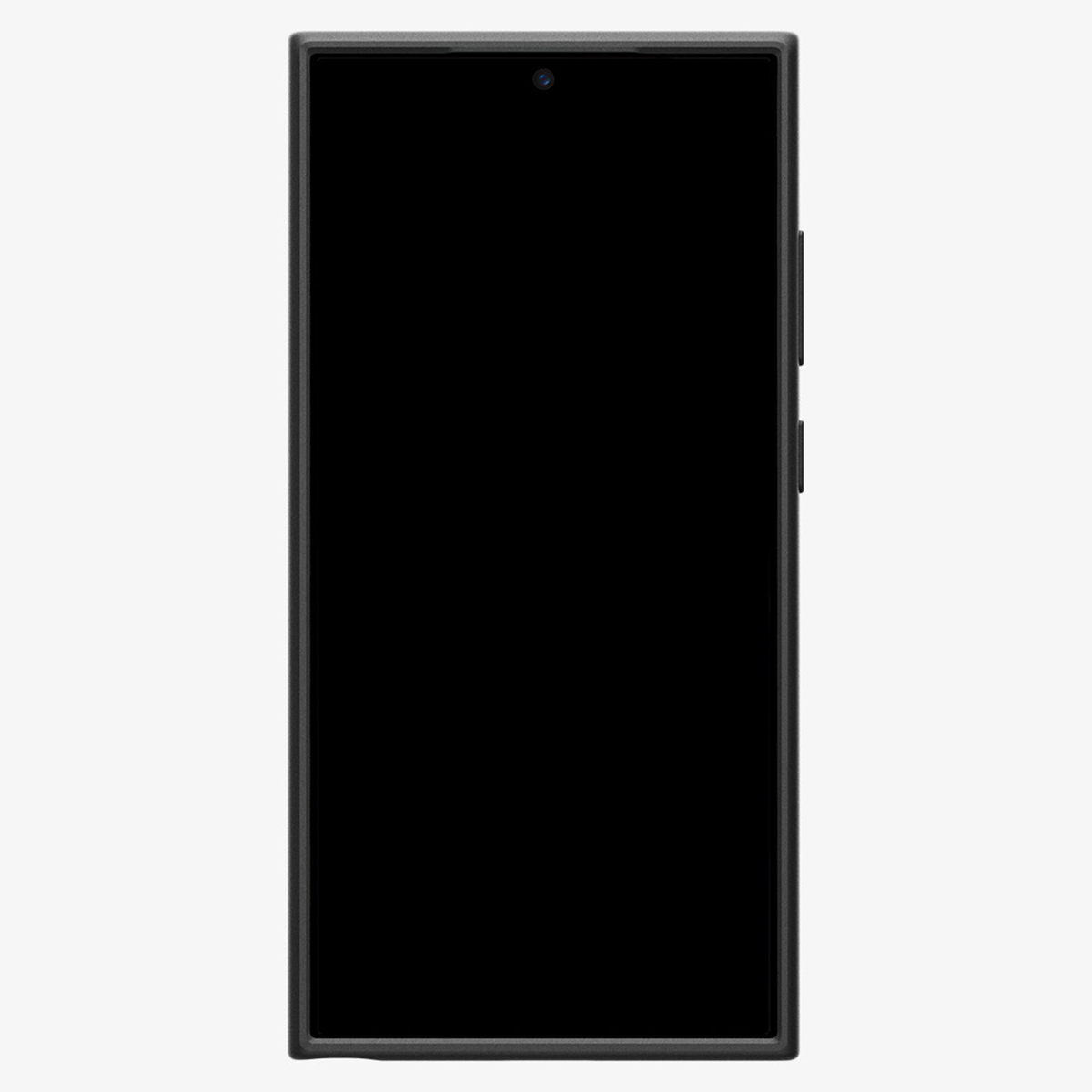 Zwarte smartphone, scherm uit, met cameralens bovenaan. Knoppen aan de zijkant.