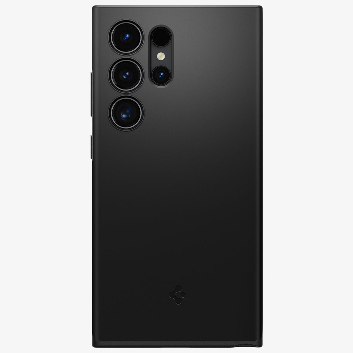 Zwarte telefoonhoes met vier camera's en een flitser linksboven.