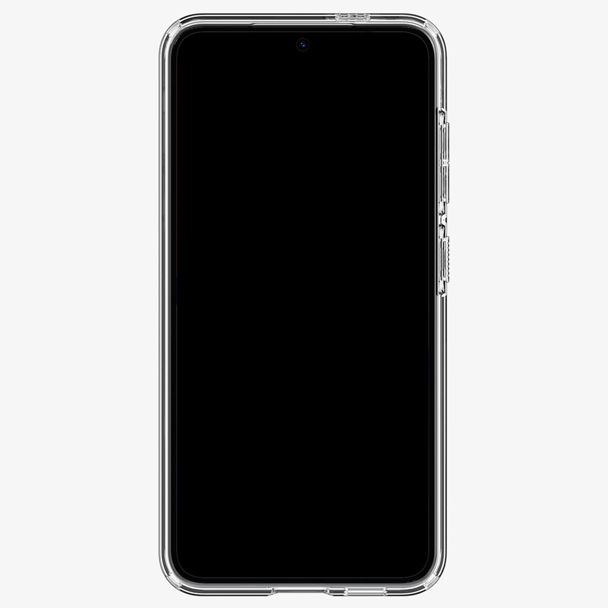 Telefono con schermo nero in custodia trasparente, fotocamera e pulsanti visibili.