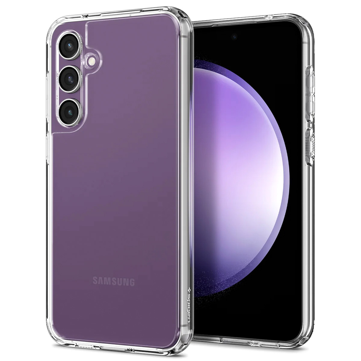 Coque transparente sur un téléphone. La coque a un dos violet.