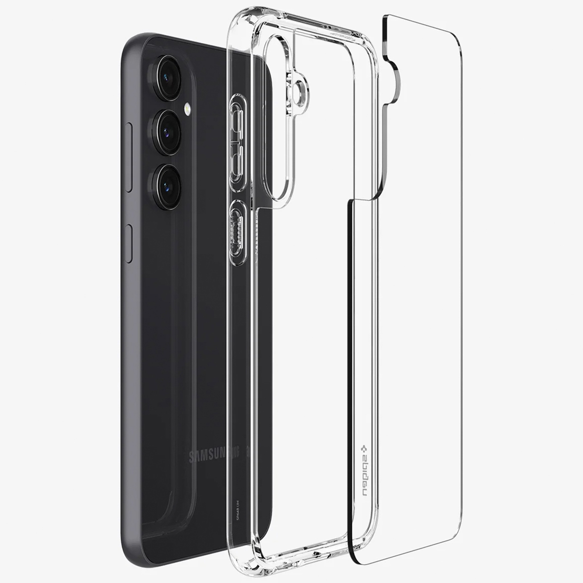 Téléphone noir avec coque transparente. Logo Samsung visible. Fond blanc.