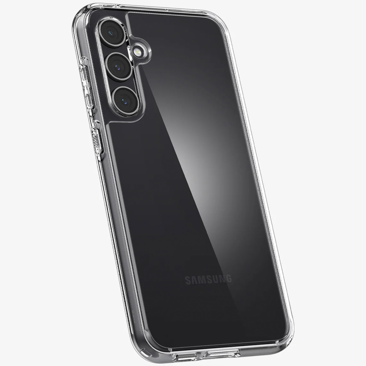 Coque transparente sur un téléphone, avec logo Samsung.