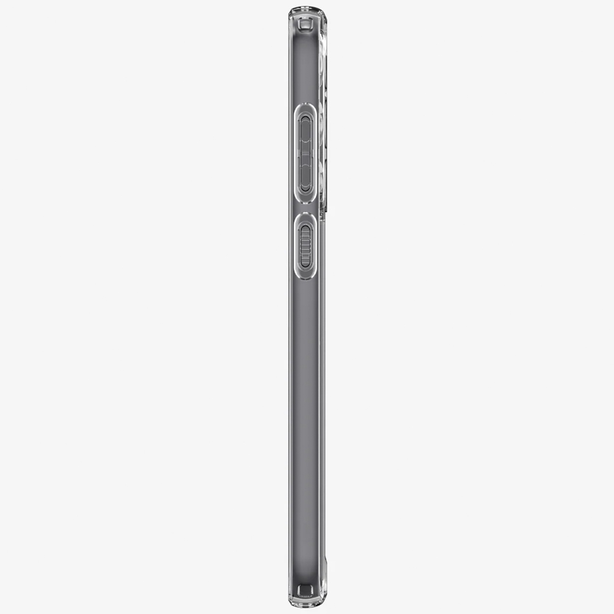 Un étui de téléphone transparent, montrant le profil latéral avec des boutons et une découpe pour l'appareil photo.