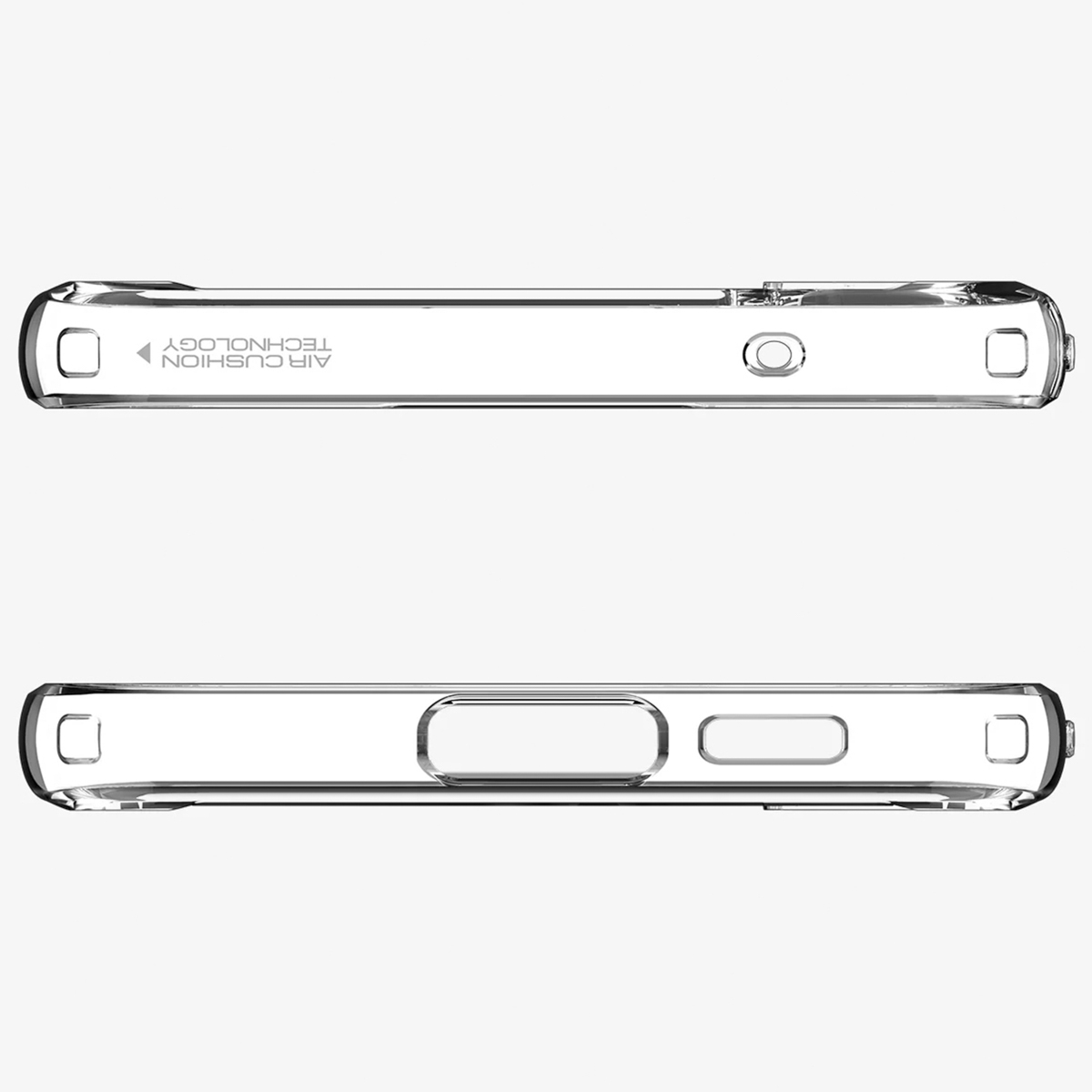 Coque de téléphone transparente, vues de dessus et de dessous. Comprend des découpes et 'AIR CUSHION TECHNOLOGY'.