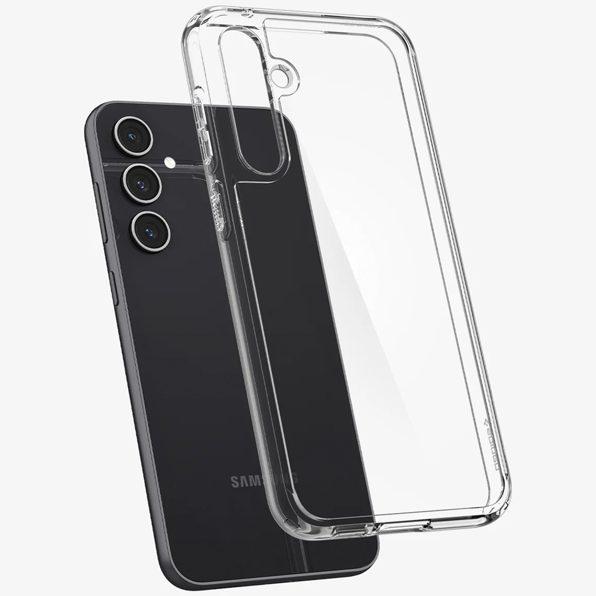 Téléphone noir avec étui transparent à côté. Le téléphone a trois lentilles de caméra.