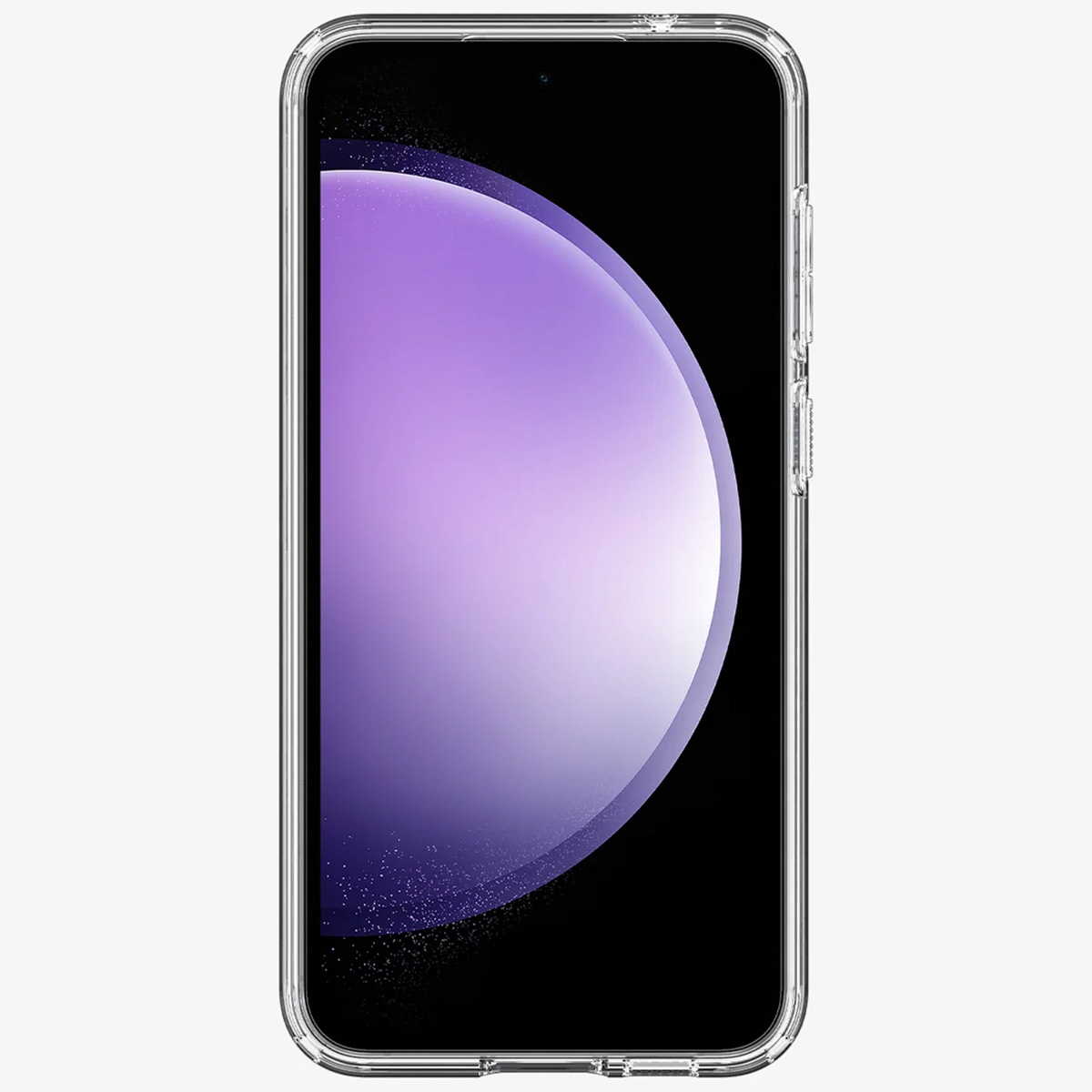 Téléphone avec étui transparent. L'écran affiche un dégradé violet et blanc. L'étui est transparent.