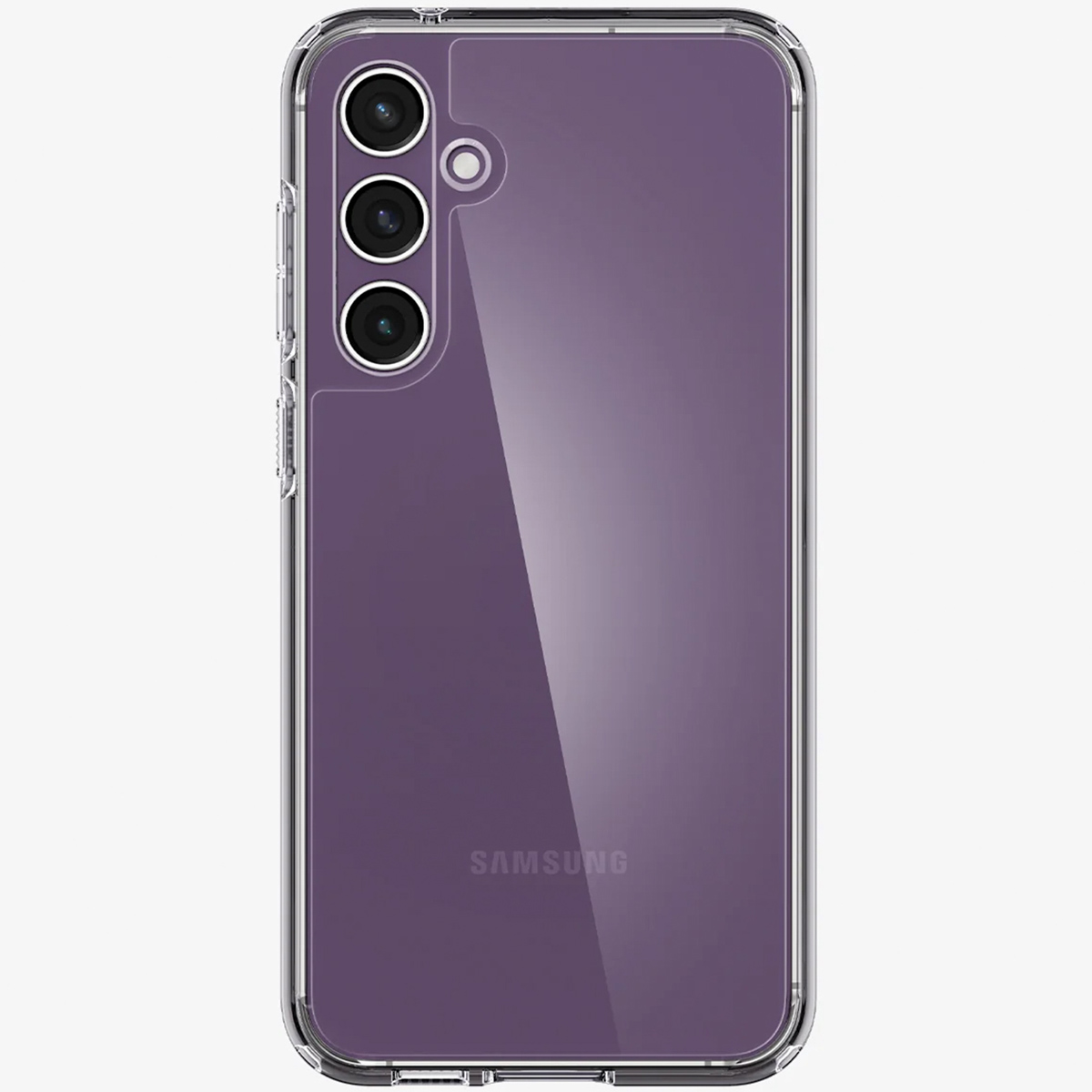 Coque de téléphone avec dos violet et trois lentilles de caméra. La coque est transparente.