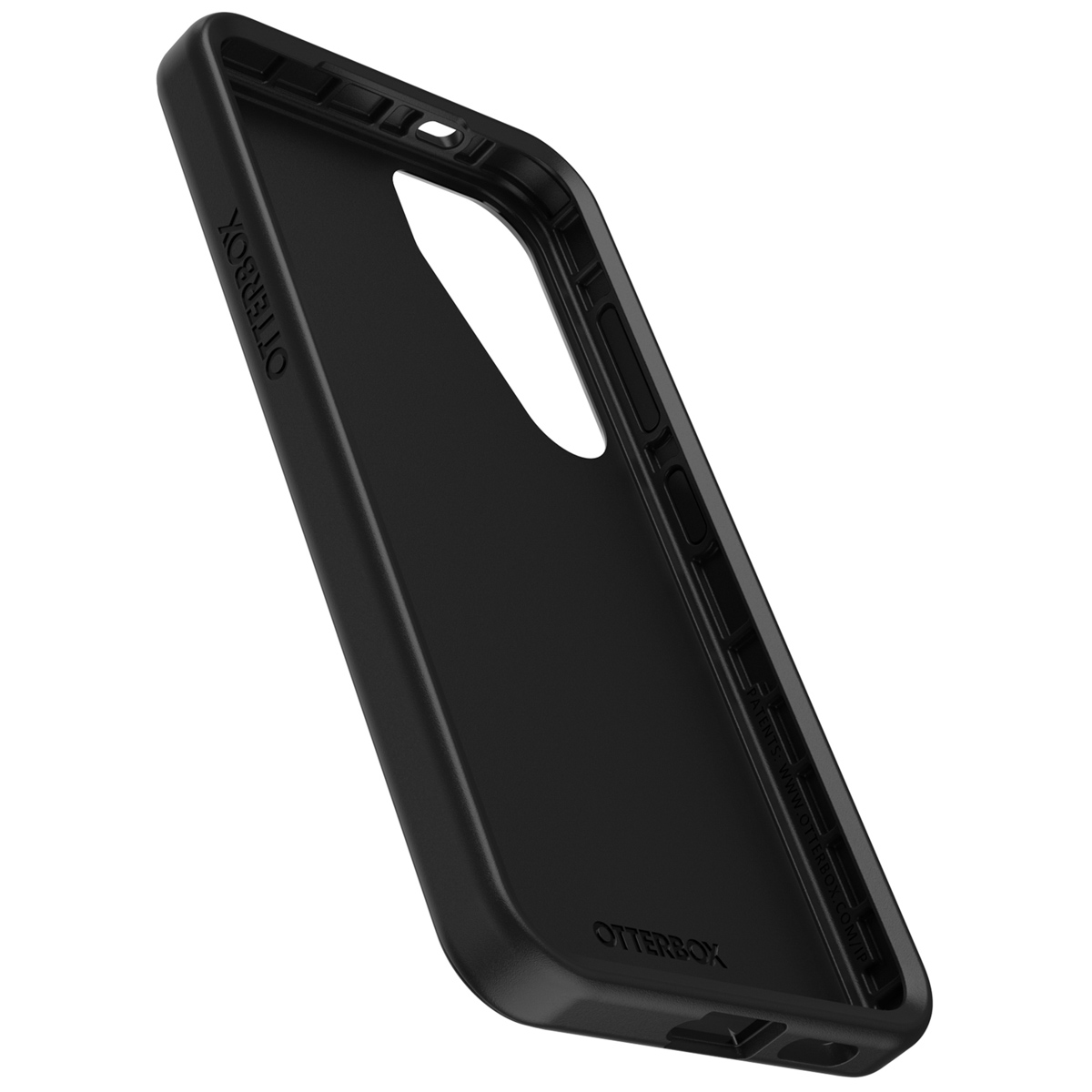 Zwarte telefoonhoes. De hoes heeft een zwart interieur en is gemaakt van duurzaam materiaal. Otterbox-logo.