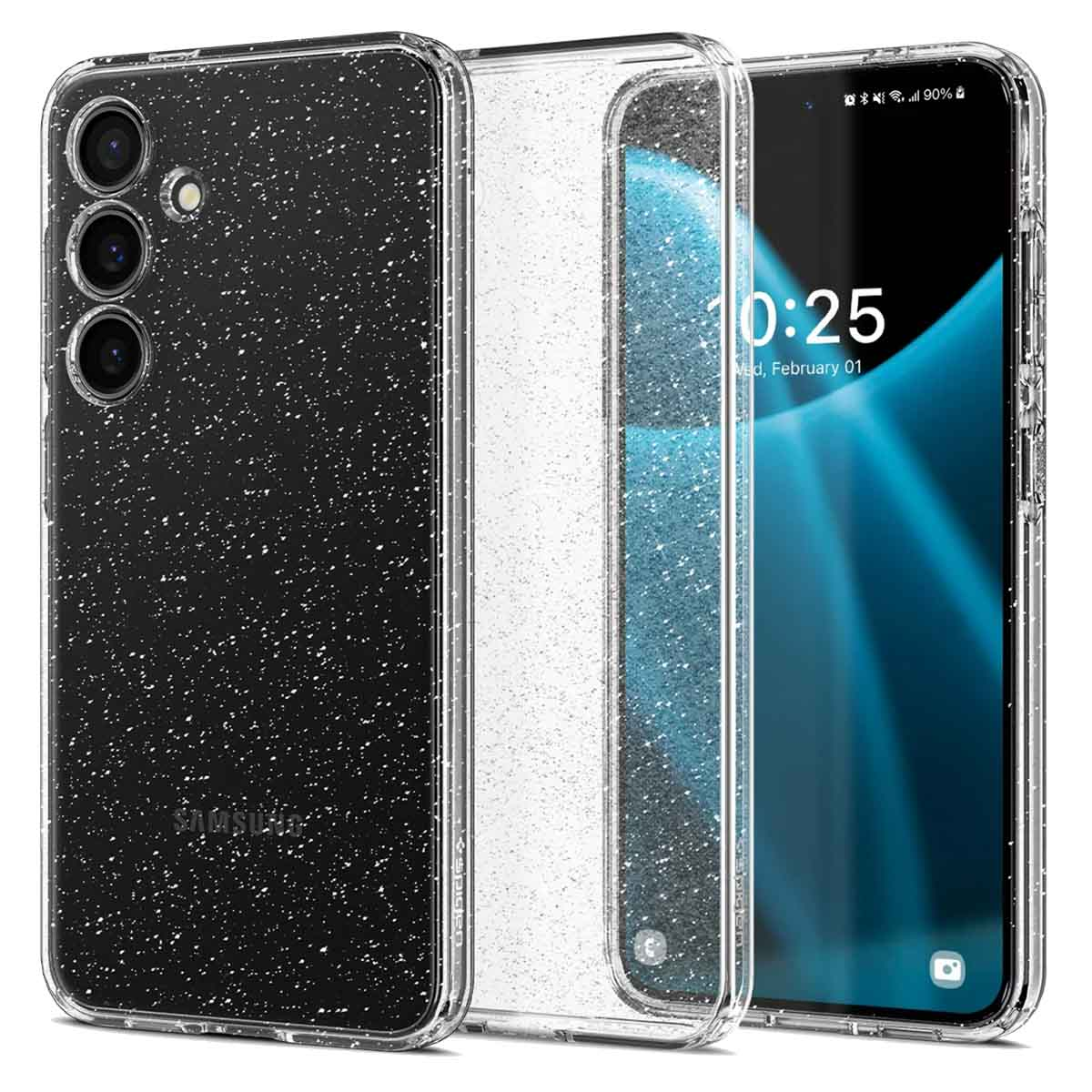 Twee telefoons in hoesjes, met een zwarte sterrenhoes links en een doorzichtige hoes rechts.