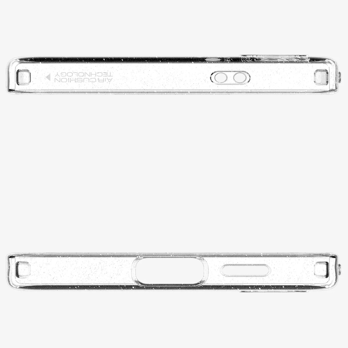 Transparante telefoonhoes onderdelen. De boven- en onderkant tonen uitsparingen voor knoppen en poorten. Air Cushion technologie.