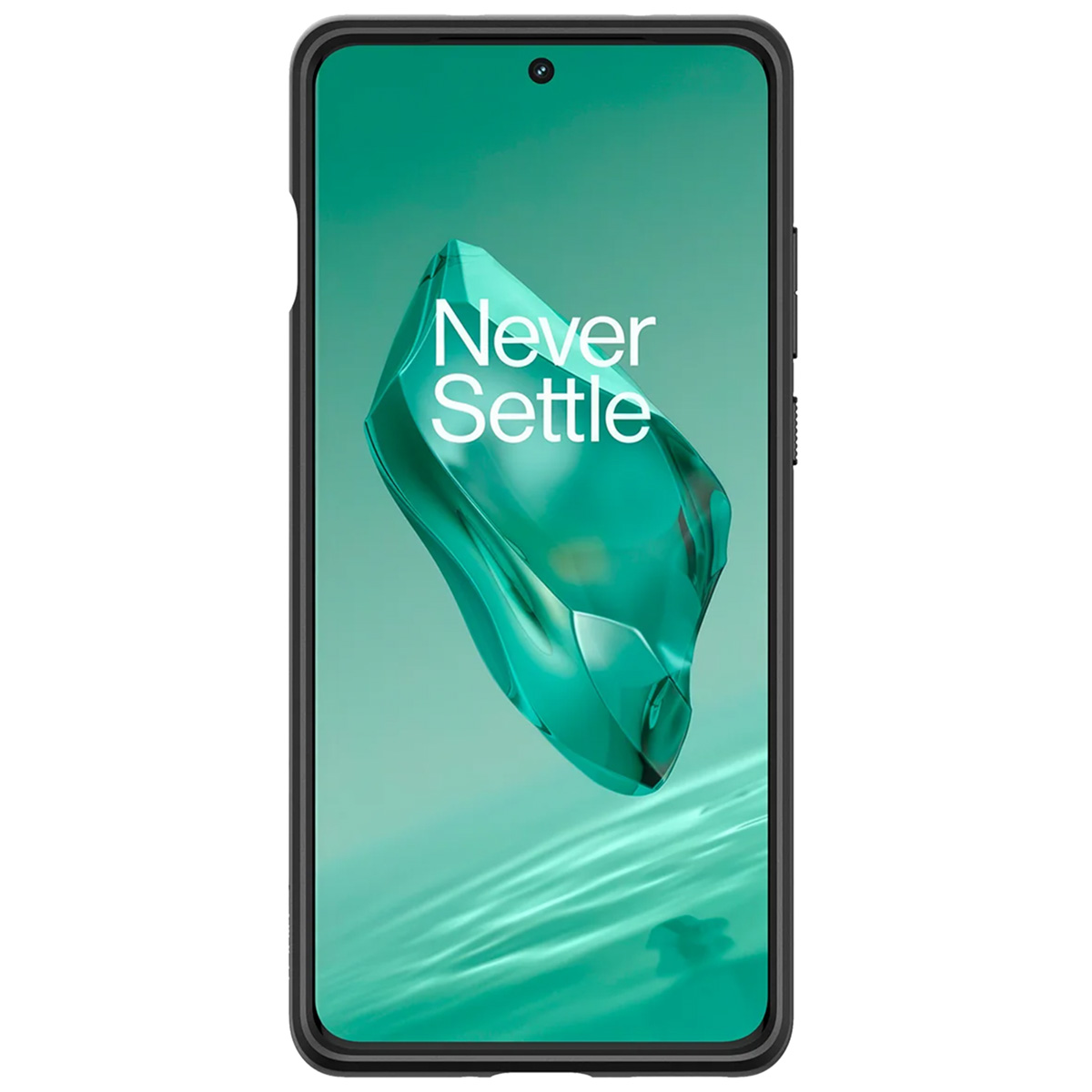 Zwarte telefoon met hoesje, met de tekst 'Never Settle' op het scherm.