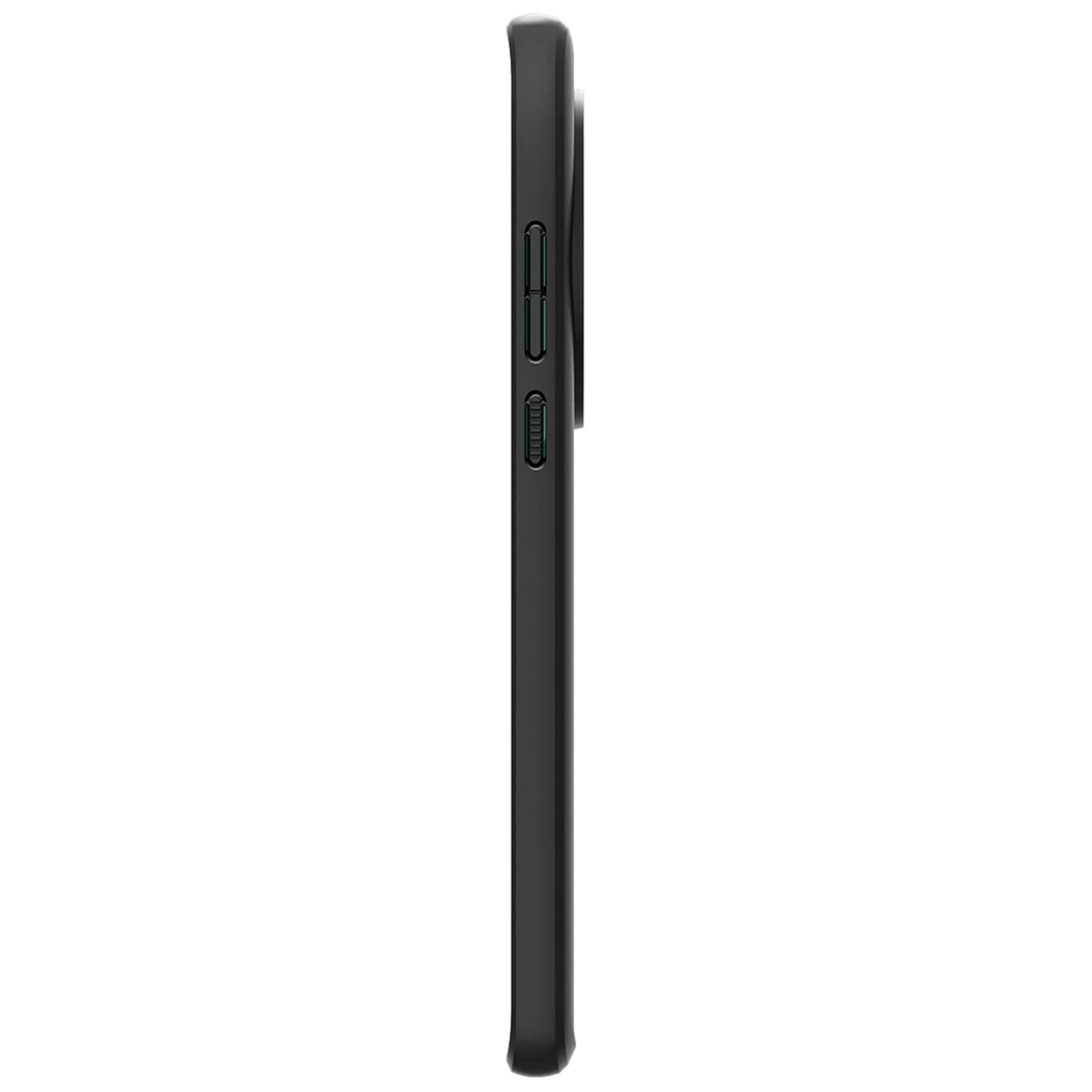 Zijaanzicht van een zwarte telefoonhoes met knoppen, camera en een zwart frame.