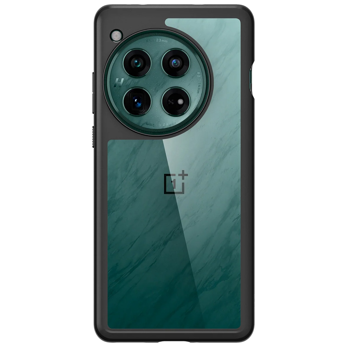 Telefoonhoesje met een groen en zwart ontwerp, met cameralenzen en een telefoonlogo.
