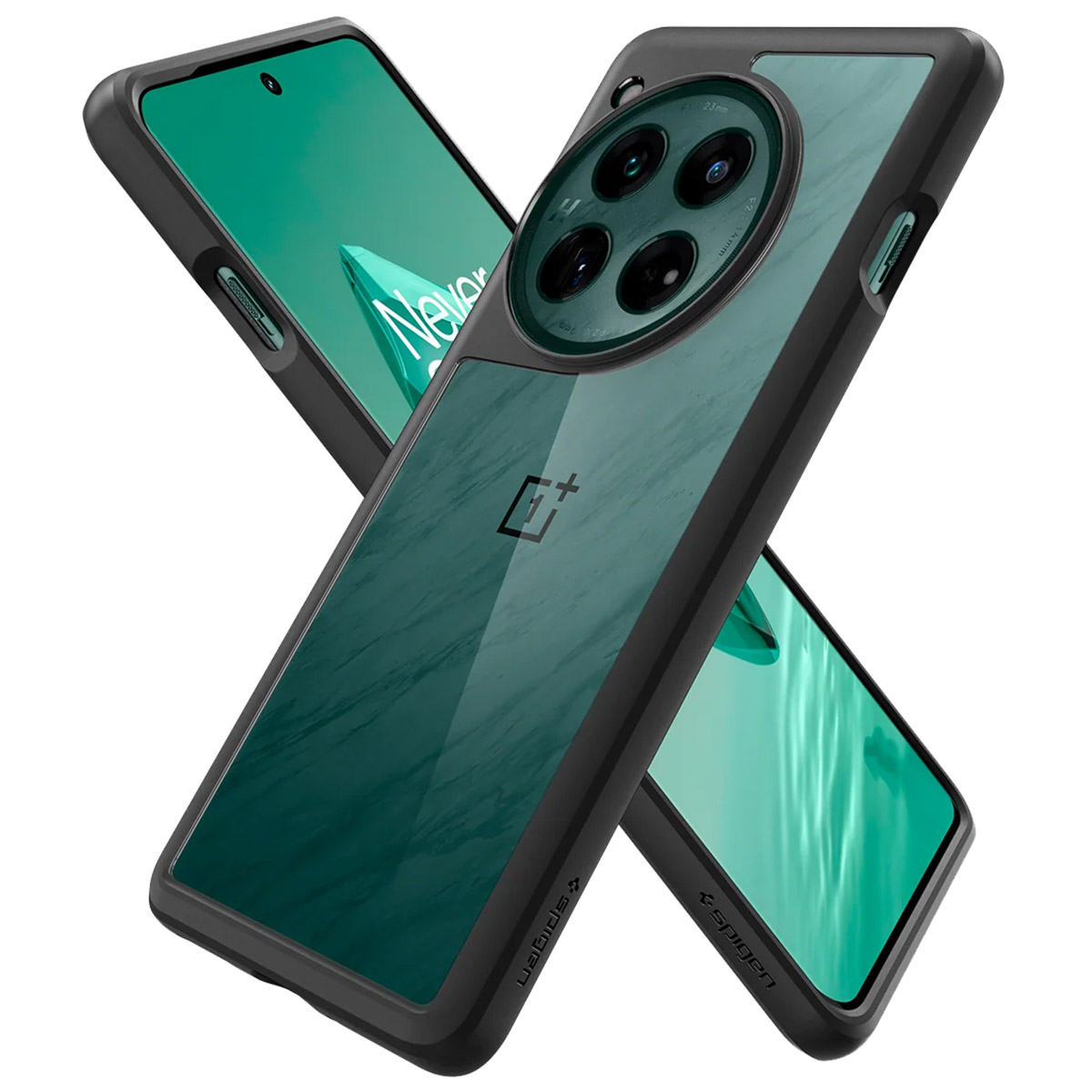 Twee telefoons in hoesjes, een groene, een zwarte. De hoesjes hebben een doorschijnend achterpaneel.