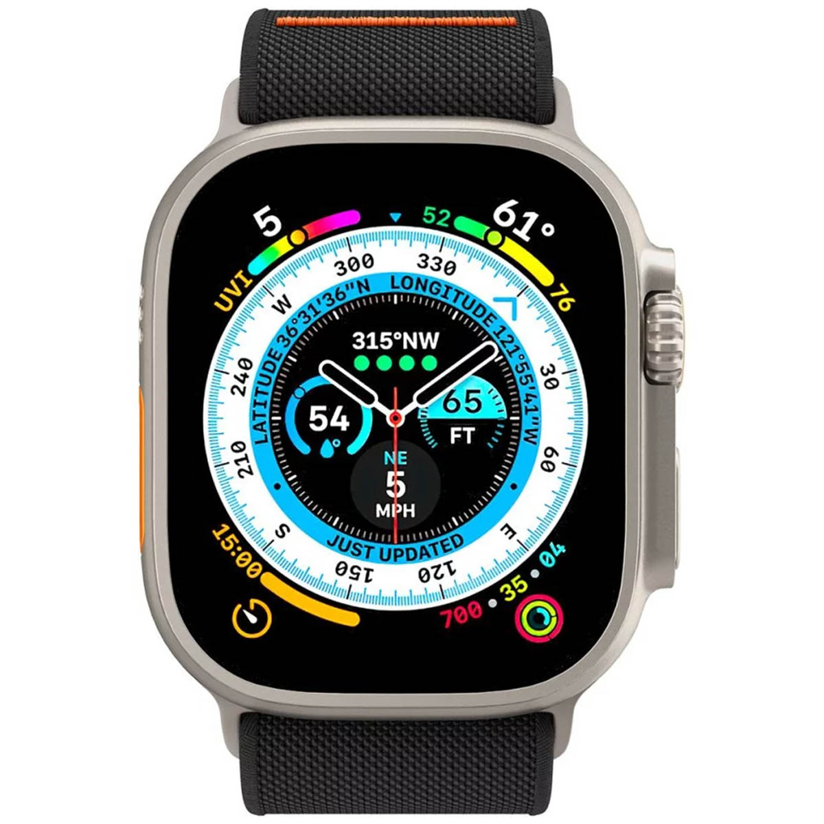 Close-up of a smart watch with display showing data.