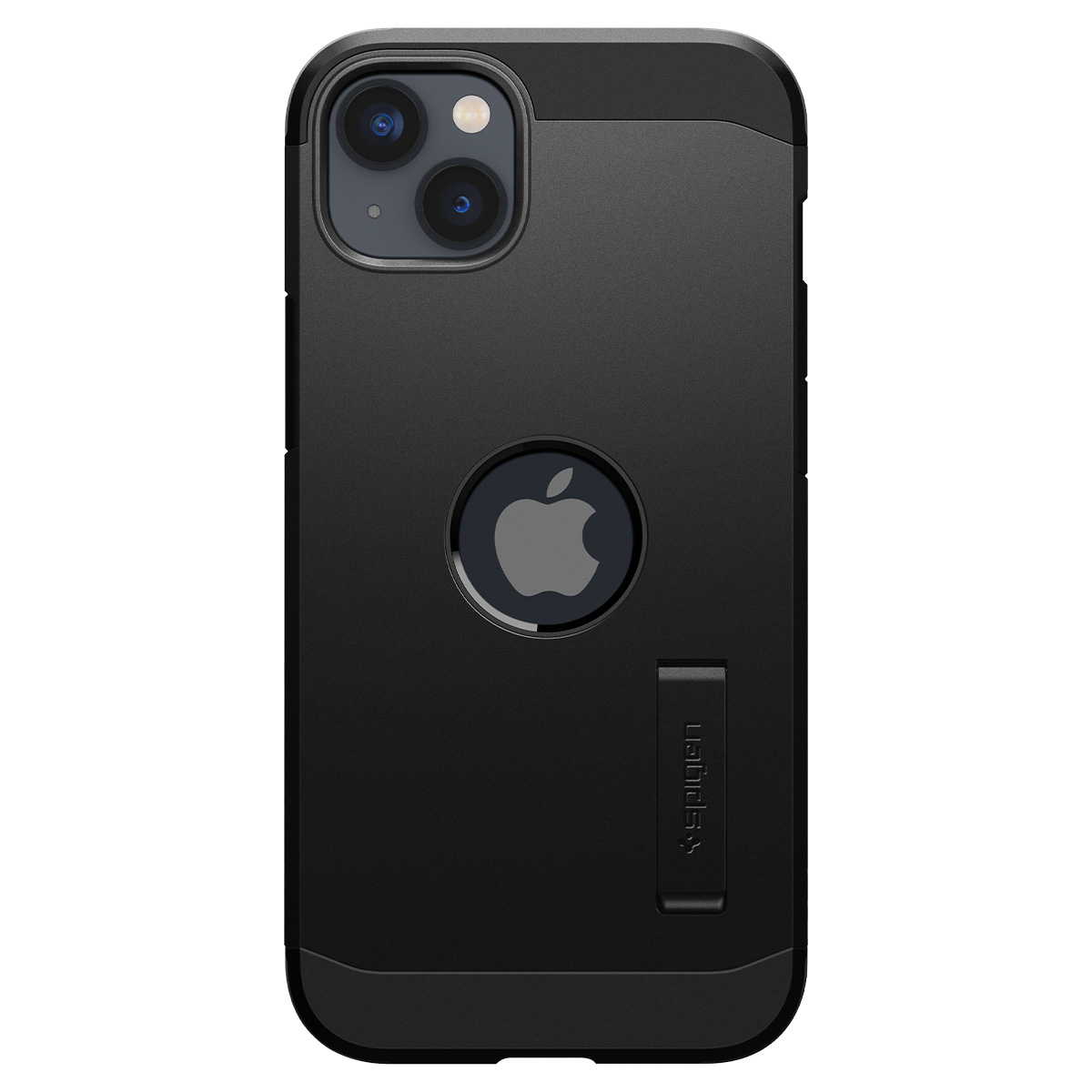 Coque noire avec logo Apple et béquille.