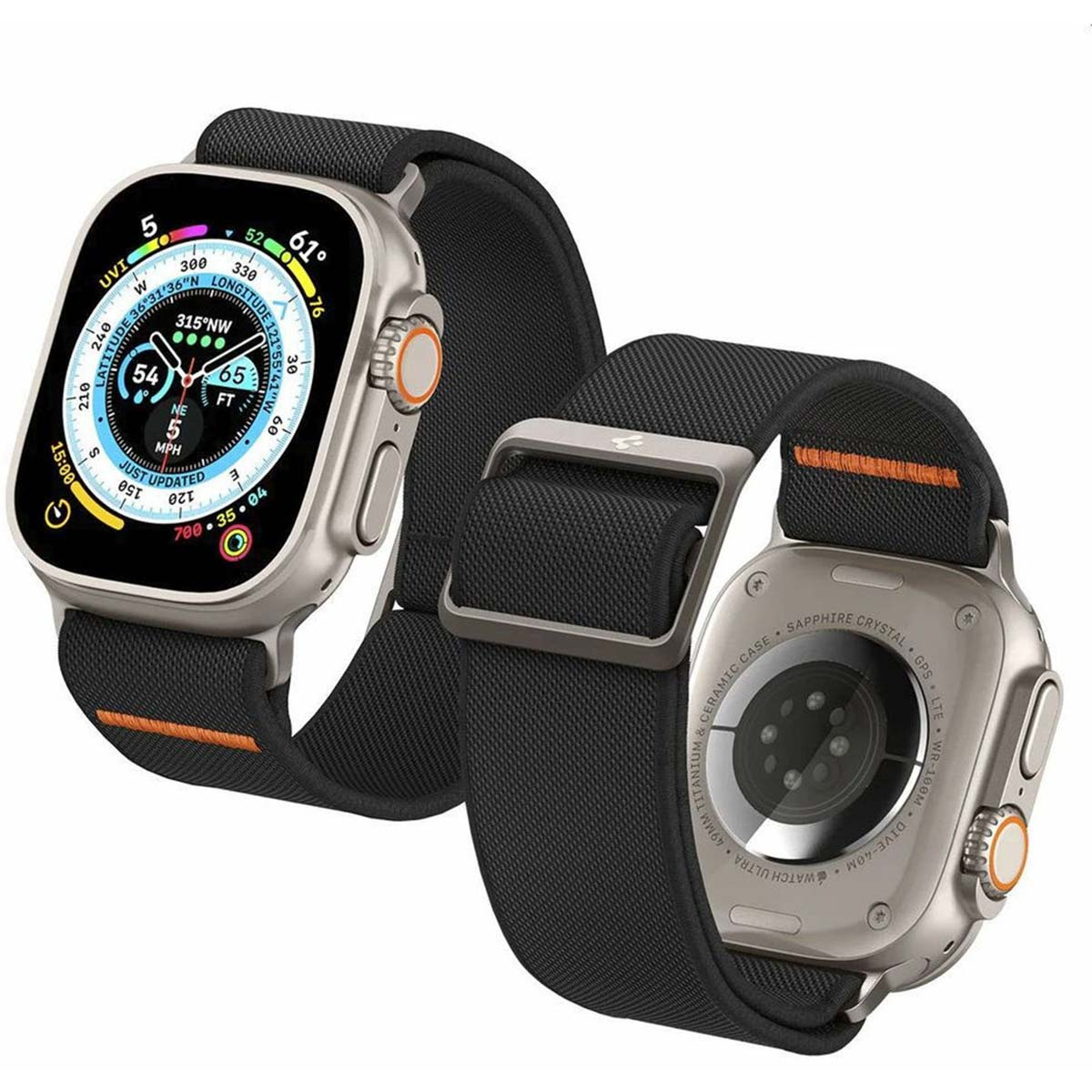 Smartwatch. Two views of a smartwatch with a black strap, showing the front and back.