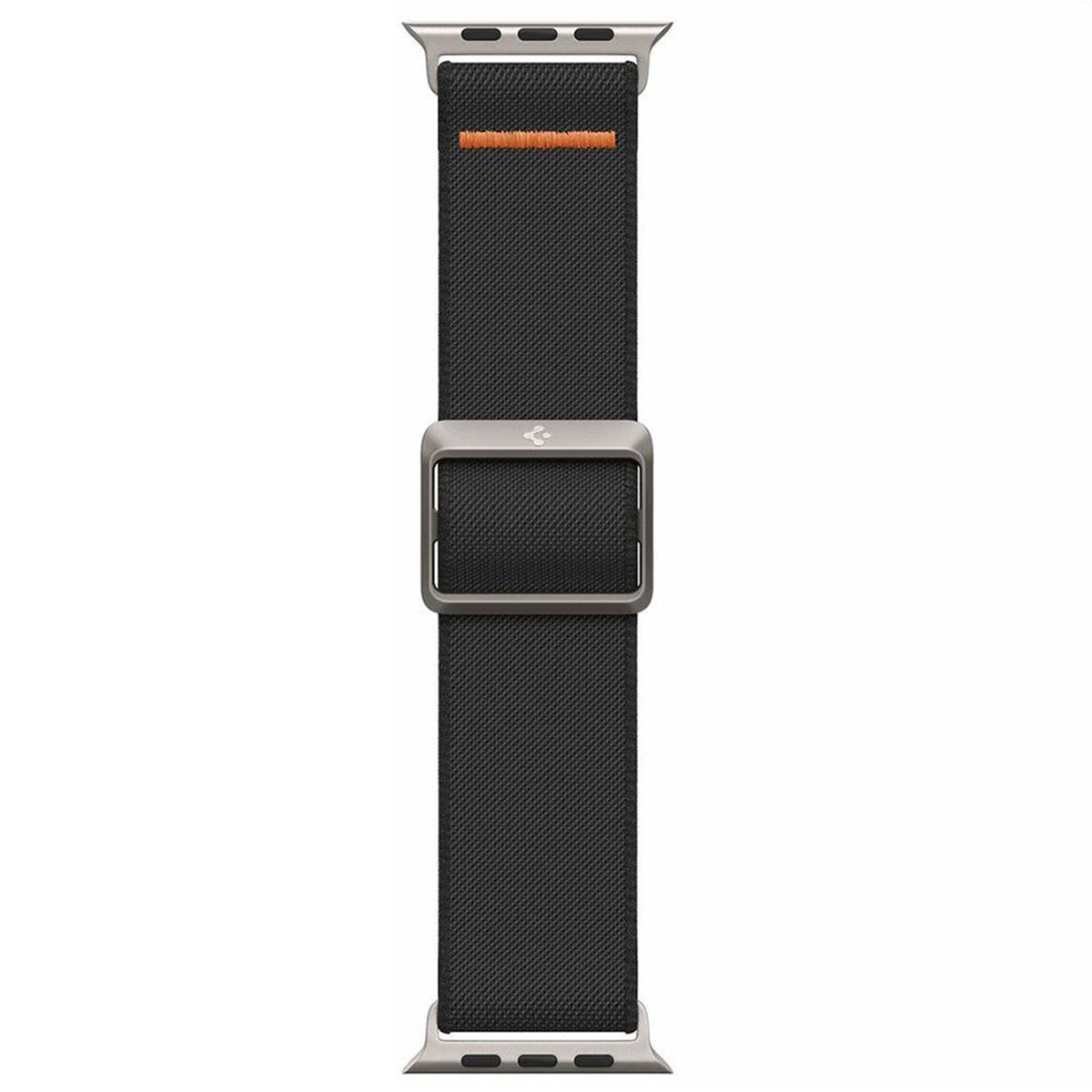 Black and grey watch band with a metal clasp and an orange accent stripe.