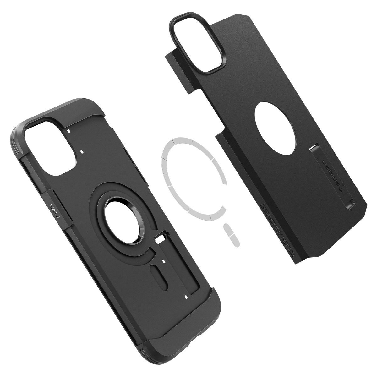 Coque noire avec anneau et deux parties séparées. L'anneau est argenté.
