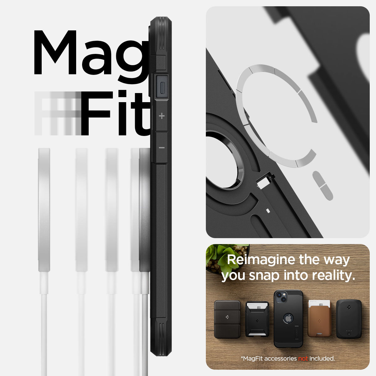 Coque de téléphone noire avec texte MagFit, accessoires. Trois gros plans montrant les détails.