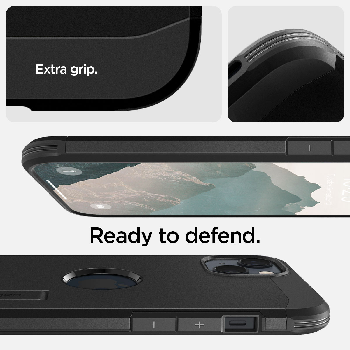 Gros plans d'une coque de téléphone noire, montrant une prise en main supplémentaire, des détails de boutons et le texte 'Prêt à défendre'.