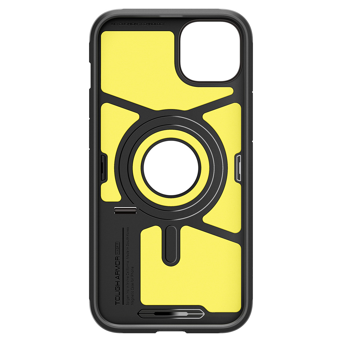 Coque de téléphone jaune et noire. Elle possède une découpe pour l'appareil photo et un cercle au centre.