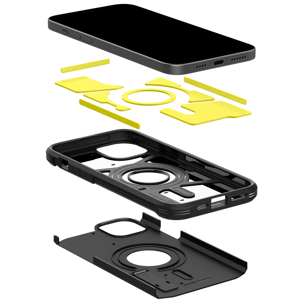 A black iPhone, yellow protective pads, and a black MagSafe case are exploded apart.