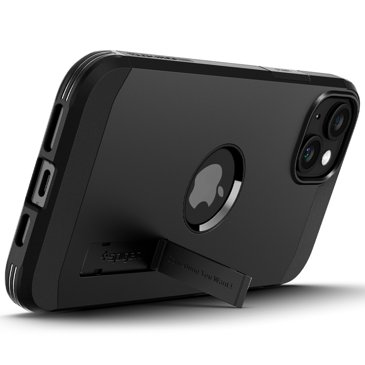 Black phone case with kickstand and Apple logo.