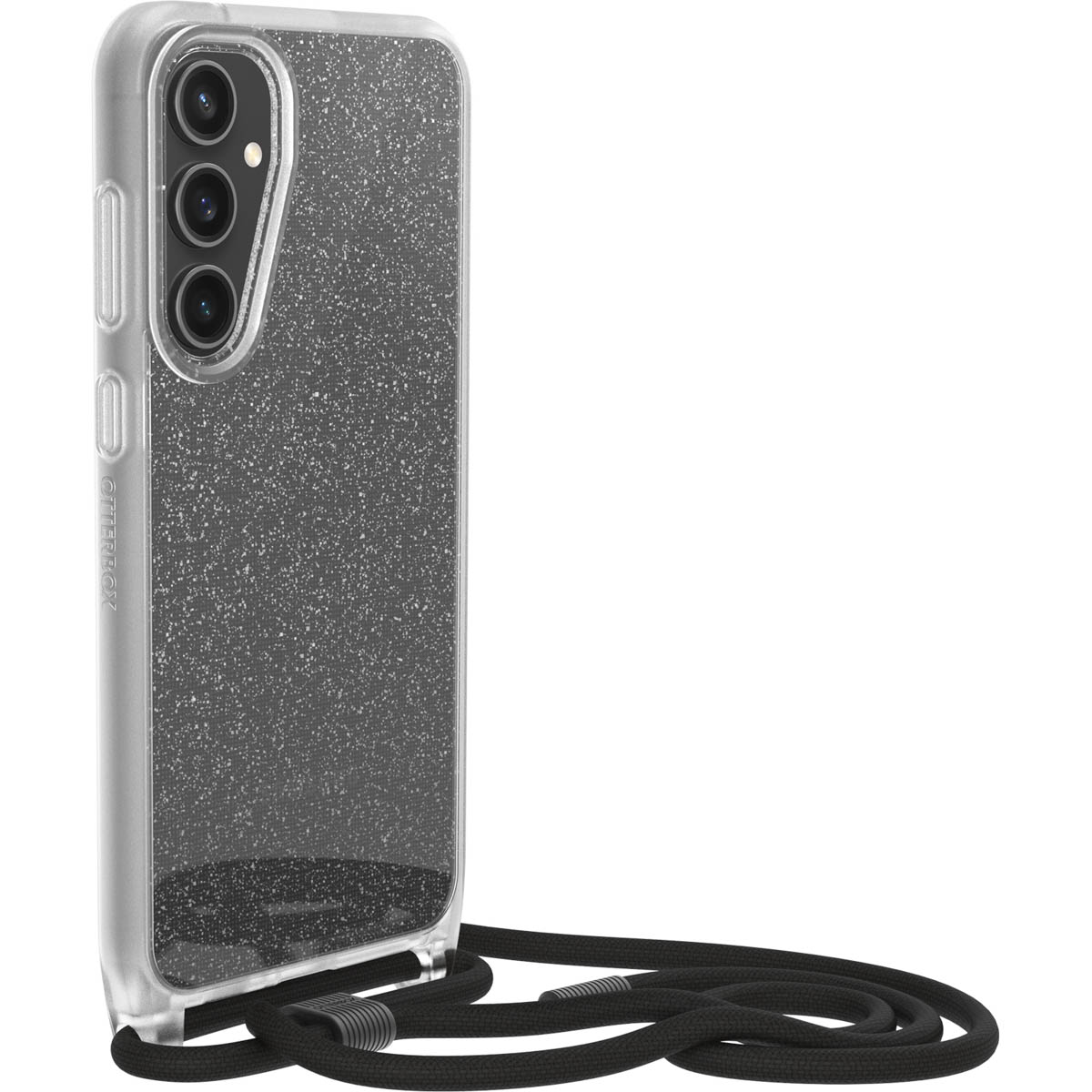 Telefono in custodia trasparente con cordino nero. Il telefono ha tre fotocamere e retro glitterato.