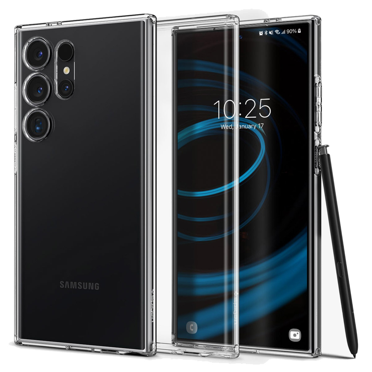 Samsung telefoon met een doorzichtige hoes, schermbeschermer en stylus.