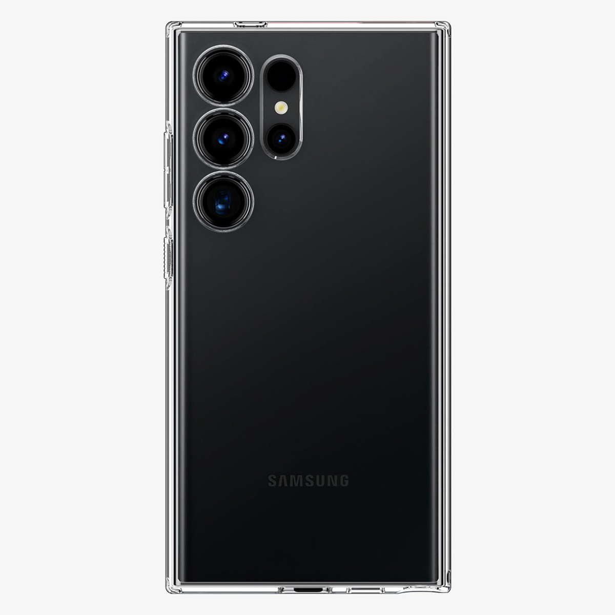 Achterkant van een zwarte Samsung telefoon in een doorzichtige hoes met vier cameralenzen.