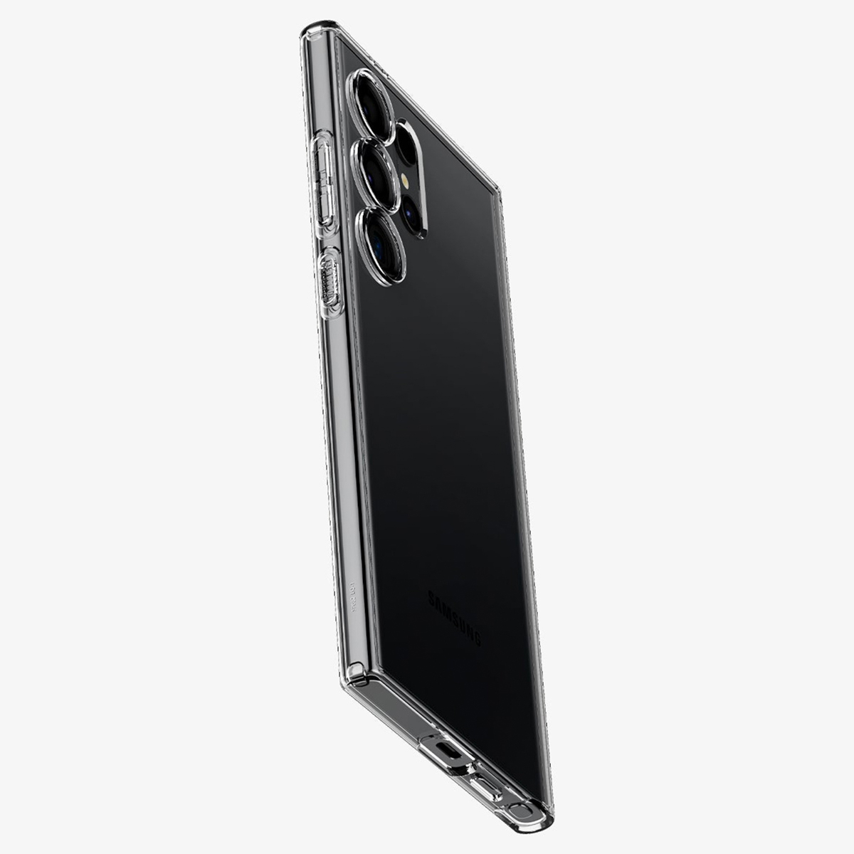 Transparante telefoonhoes met een zwarte telefoon, doorzichtige achterkant. Toont camera en knoppen.