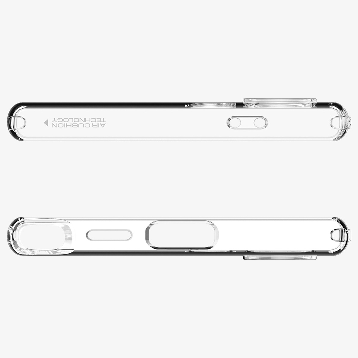Transparant telefoonhoesje. Boven- en achteraanzicht, met openingen voor knoppen en poorten.