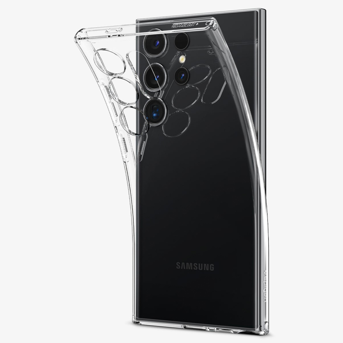 Een doorzichtige telefoonhoes is bevestigd over een zwarte Samsung telefoon.