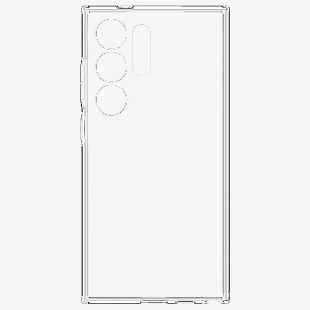 Doorzichtige telefoonhoes met uitsparingen voor camera's en knoppen.