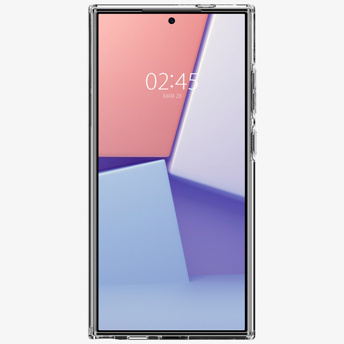 Een telefoon met een doorzichtige hoes die de tijd 02:45 MAR 28 weergeeft, tegen een lichtgrijze achtergrond.