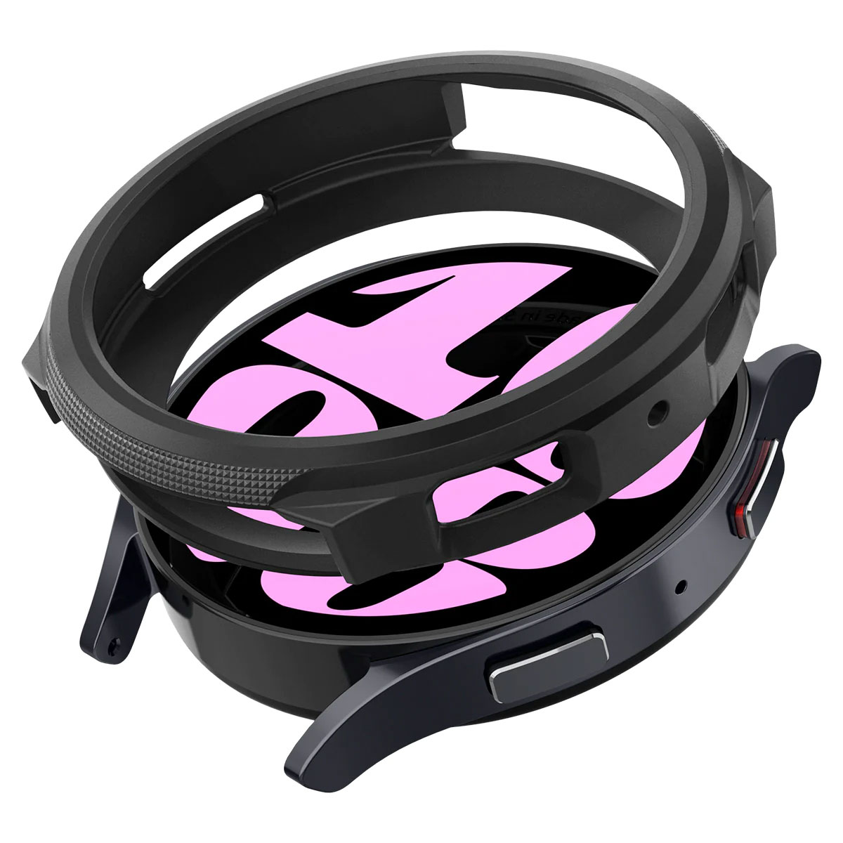 Czarna koperta zegarka z różową tarczą, zdemontowana, na białej powierzchni.