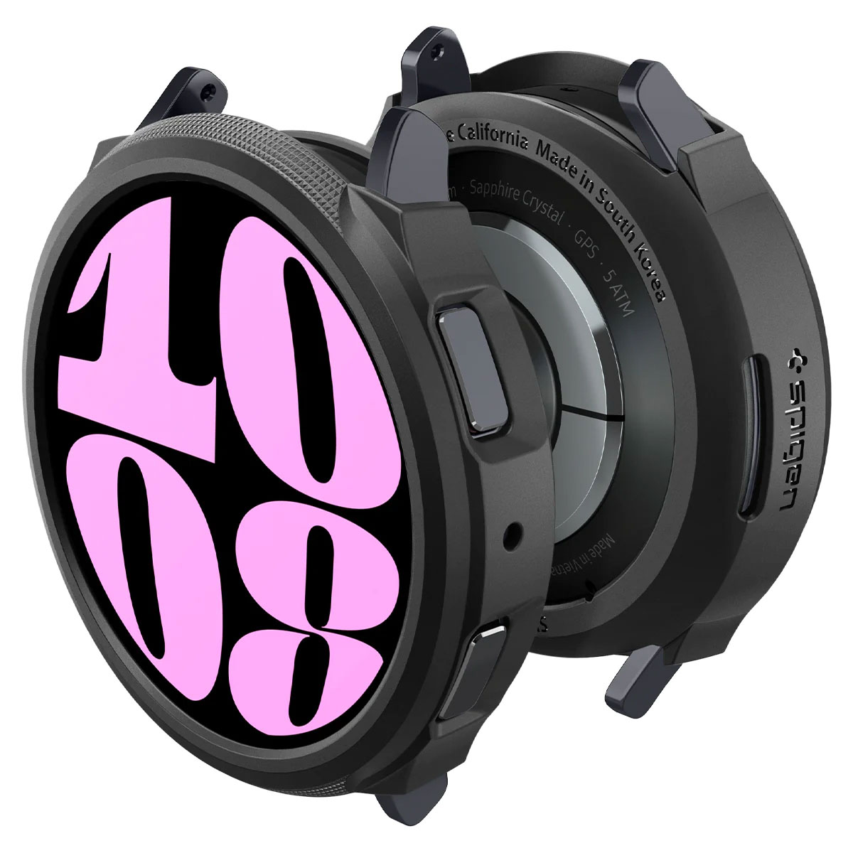 Dwa czarne etui na smartwatch, pokazujące tarczę zegarka i tył ze szczegółami.