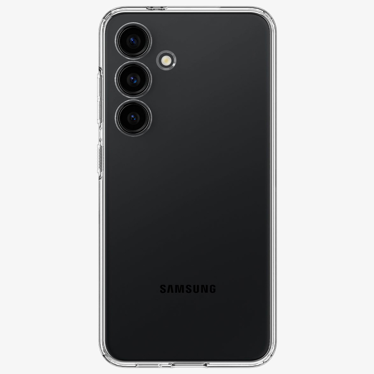 Ein schwarzes Samsung-Telefon in einer transparenten Hülle. Das Samsung-Logo ist auf der Rückseite sichtbar.