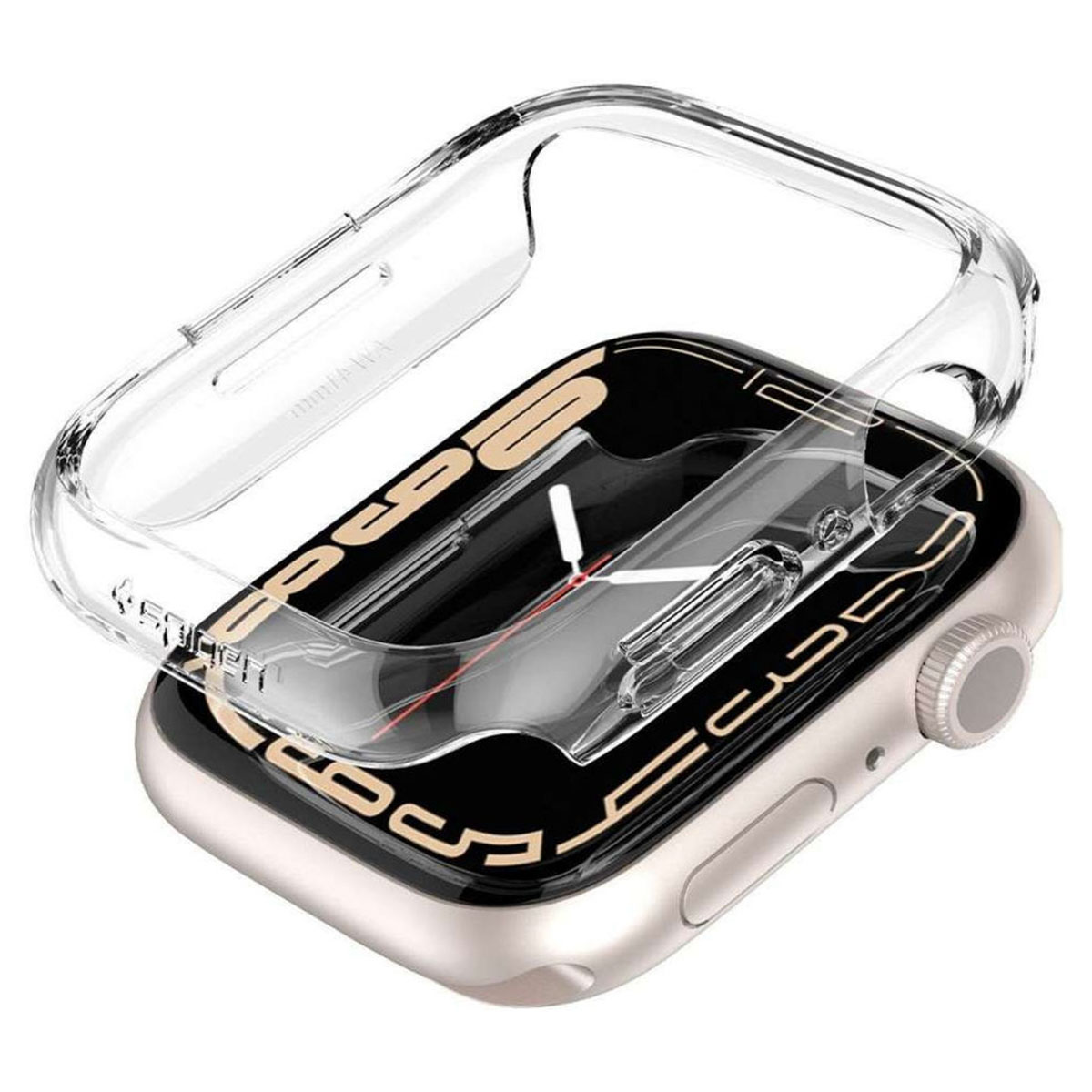 A transparent watch case open over a black watch with gold details and a silver crown.