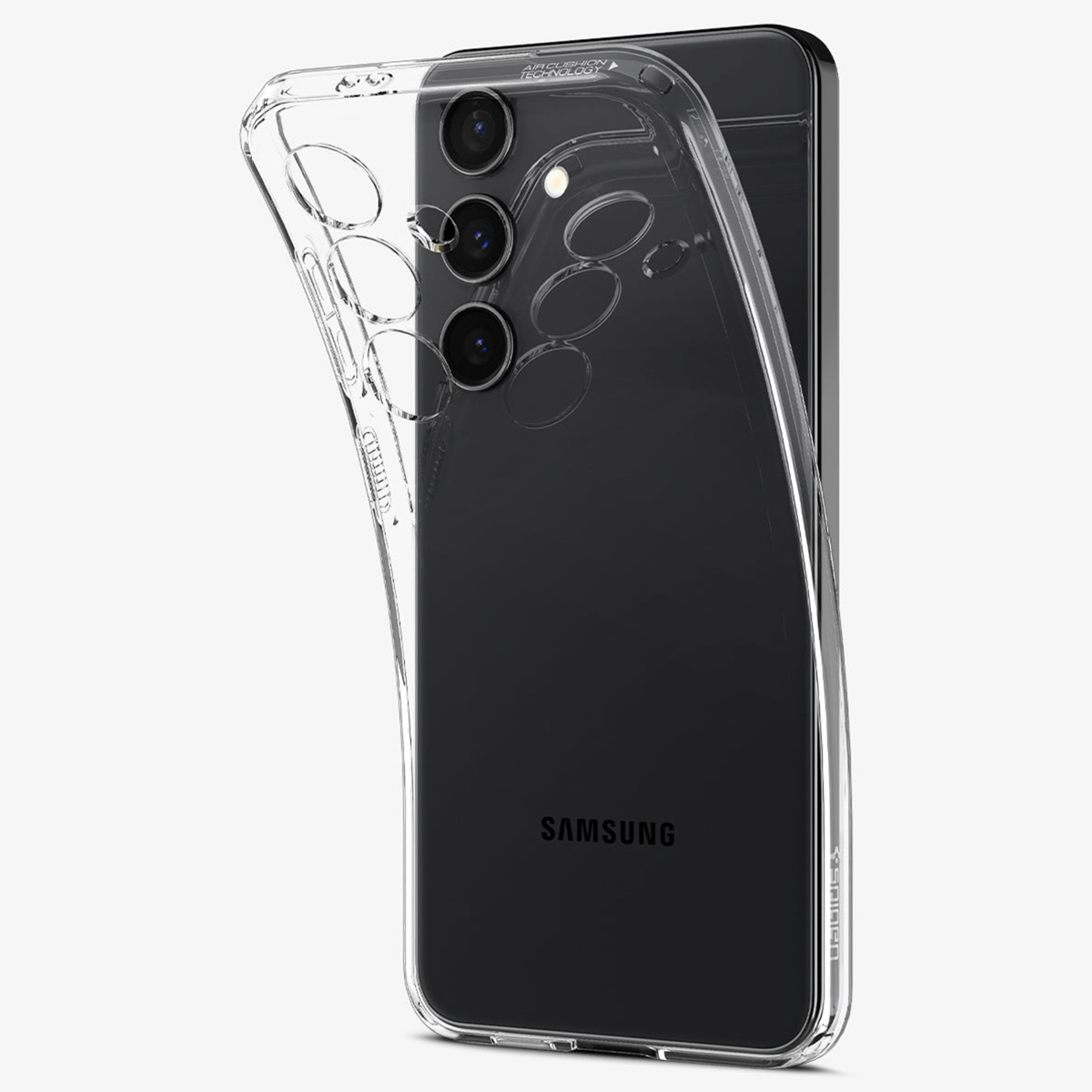 Eine transparente Handyhülle auf einem schwarzen Telefon. Die Hülle ist offen und zeigt die Rückseite und die Kamera des Telefons.
