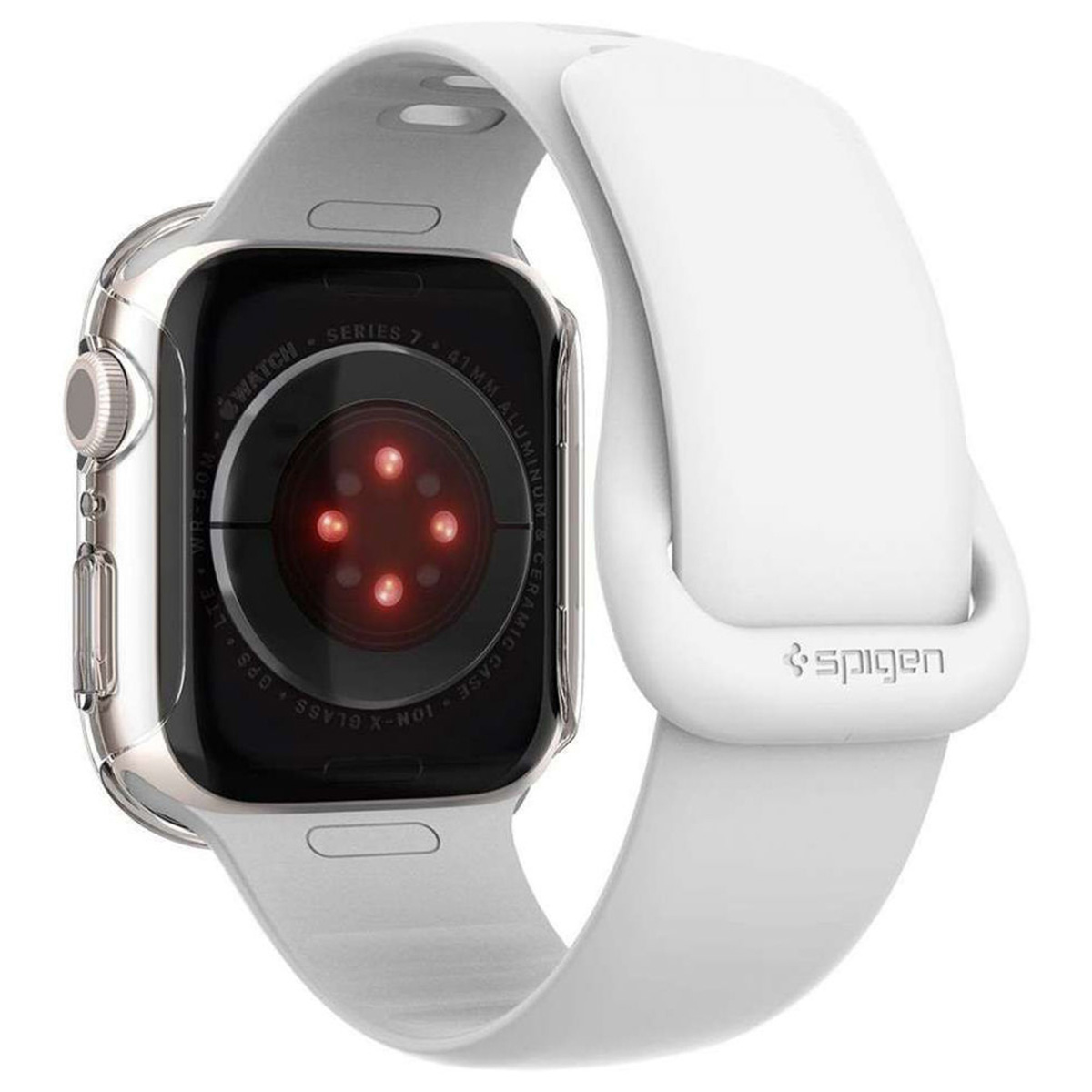 Silver Apple watch with a white band. The watch shows a digital screen. The background is white.