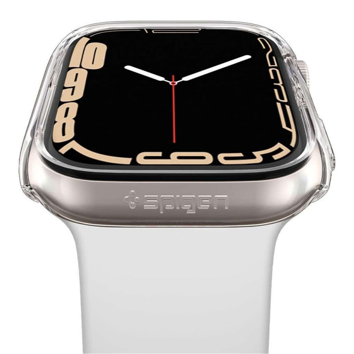 A smartwatch with a clear case, showing the time. The watch has a white strap.
