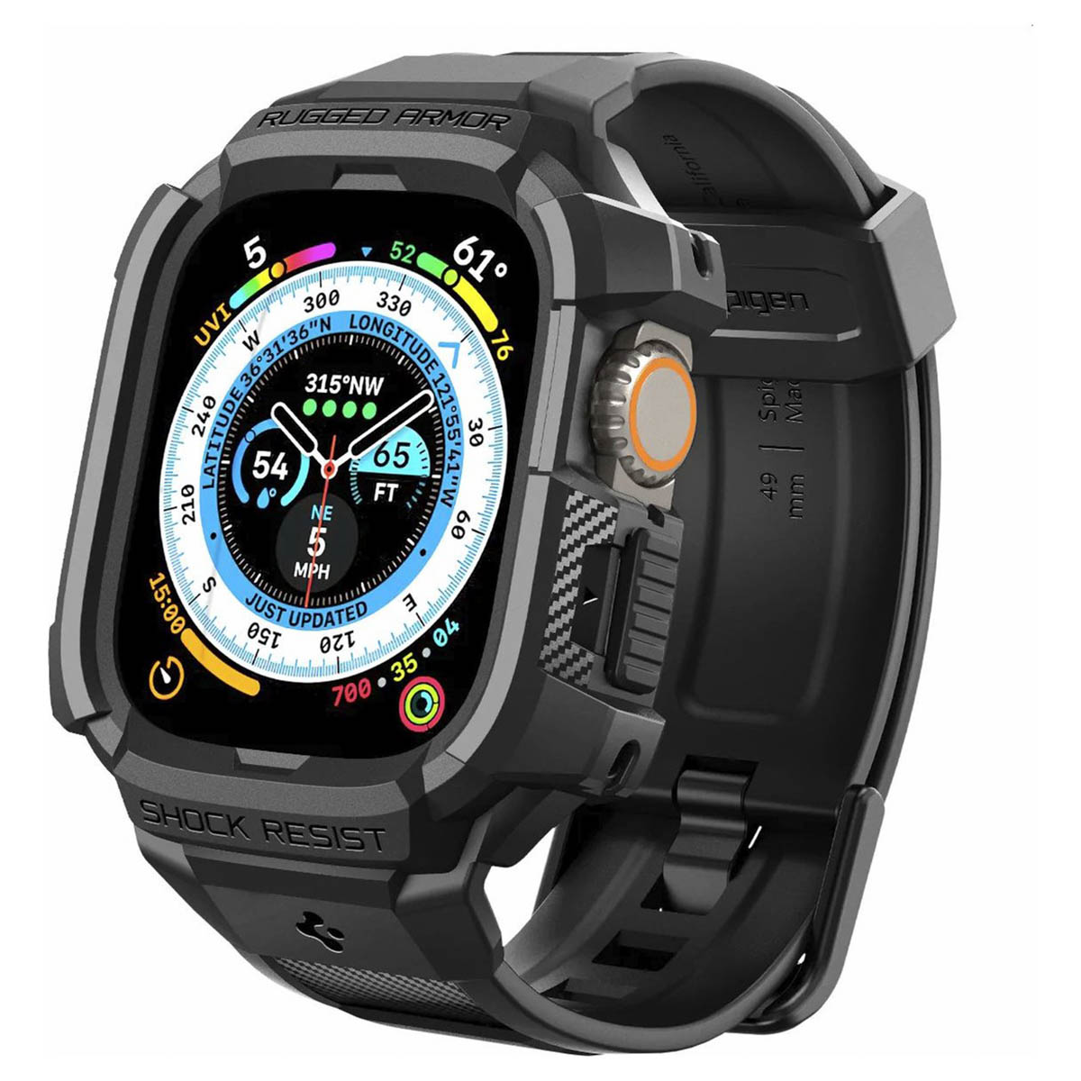 Black smartwatch case. Rugged armor design. Watch face visible with data.