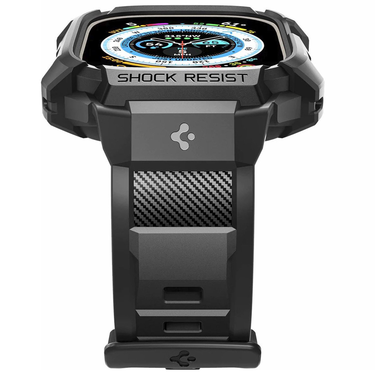 Black Apple Watch case with a rugged design and the text "SHOCK RESIST" on it.