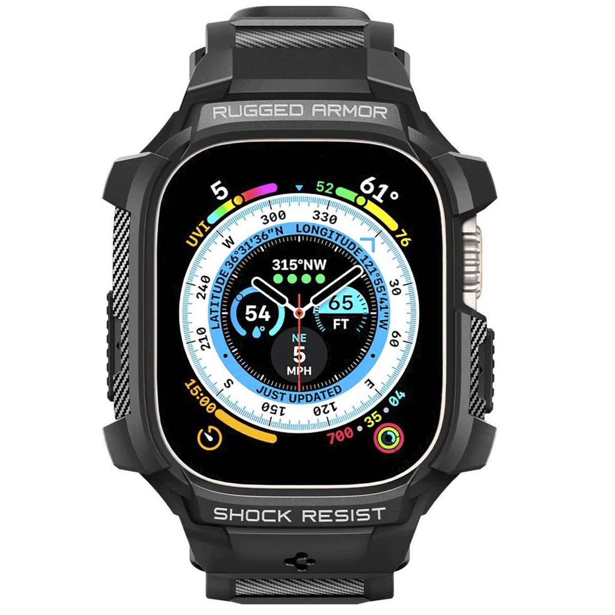 Black smartwatch with rugged armor. Displays time, speed, altitude, and compass data. Features a digital display.